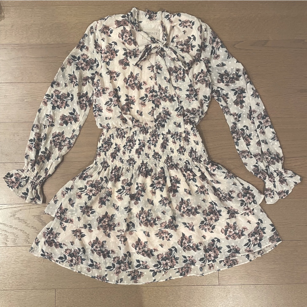 Moon River swiss dot floral tiered mini dress